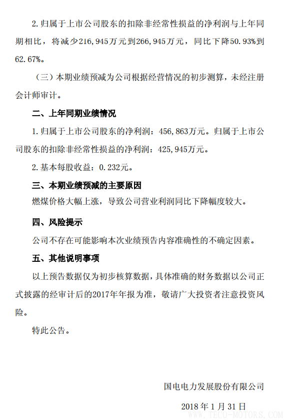 國電電力2017年凈利潤預計同比下降49.66%到60.60% - TECO東元電機 | 變頻器·伺服電機·減速機·電機解決方案